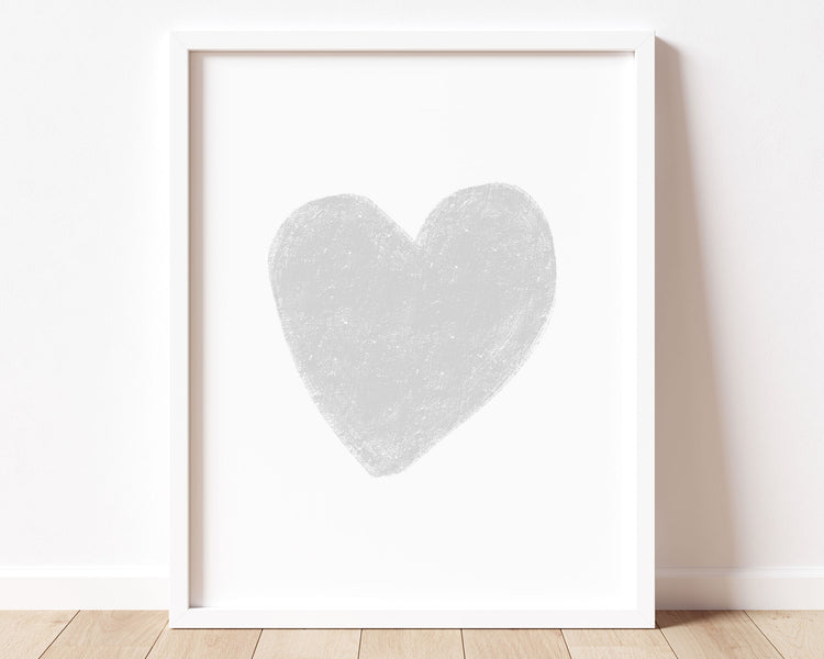 Pale silver gray heart in chalky brushstroke illlustration style perfect for Baby Nursery Décor, Little Boys Bedroom Wall Art, Toddler Girls Room Wall Hangings, Kiddos Bathroom Wall Art and Childrens Playroom Décor.