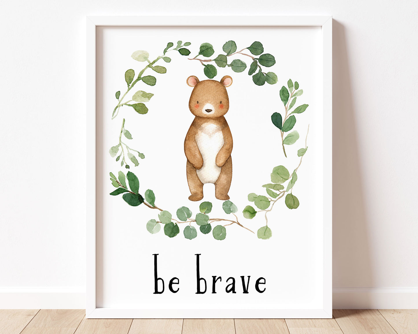 Watercolor Bear Be Brave Greenery Wreath Printable Wall Art, Digital Download