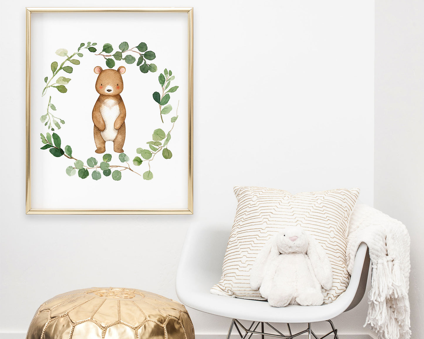 Watercolor Bear Greenery Wreath Printable Wall Art, Digital Download