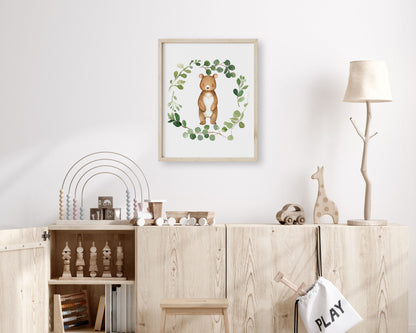 Watercolor Bear Greenery Wreath Printable Wall Art, Digital Download