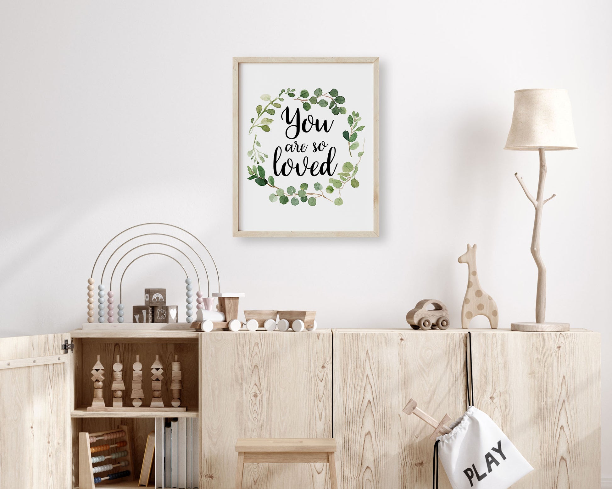 "You are so Loved" inspirational quote in cursive lettering inside a Watercolor Botanical Greenery Wreath Printable Wall Art. Great for Baby Boy or Baby Girl Nursery Decor or Kids Room Wall Hangings.
