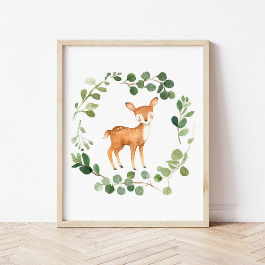 Watercolor Deer in a Greenery Eucalyptus Wreath Printable Wall Art perfect for Gender Neutral Woodland Nursery Decor or Kids Room Decor for boys or girls.