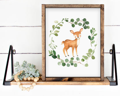 Watercolor Deer Greenery Wreath Printable Wall Art, Digital Download