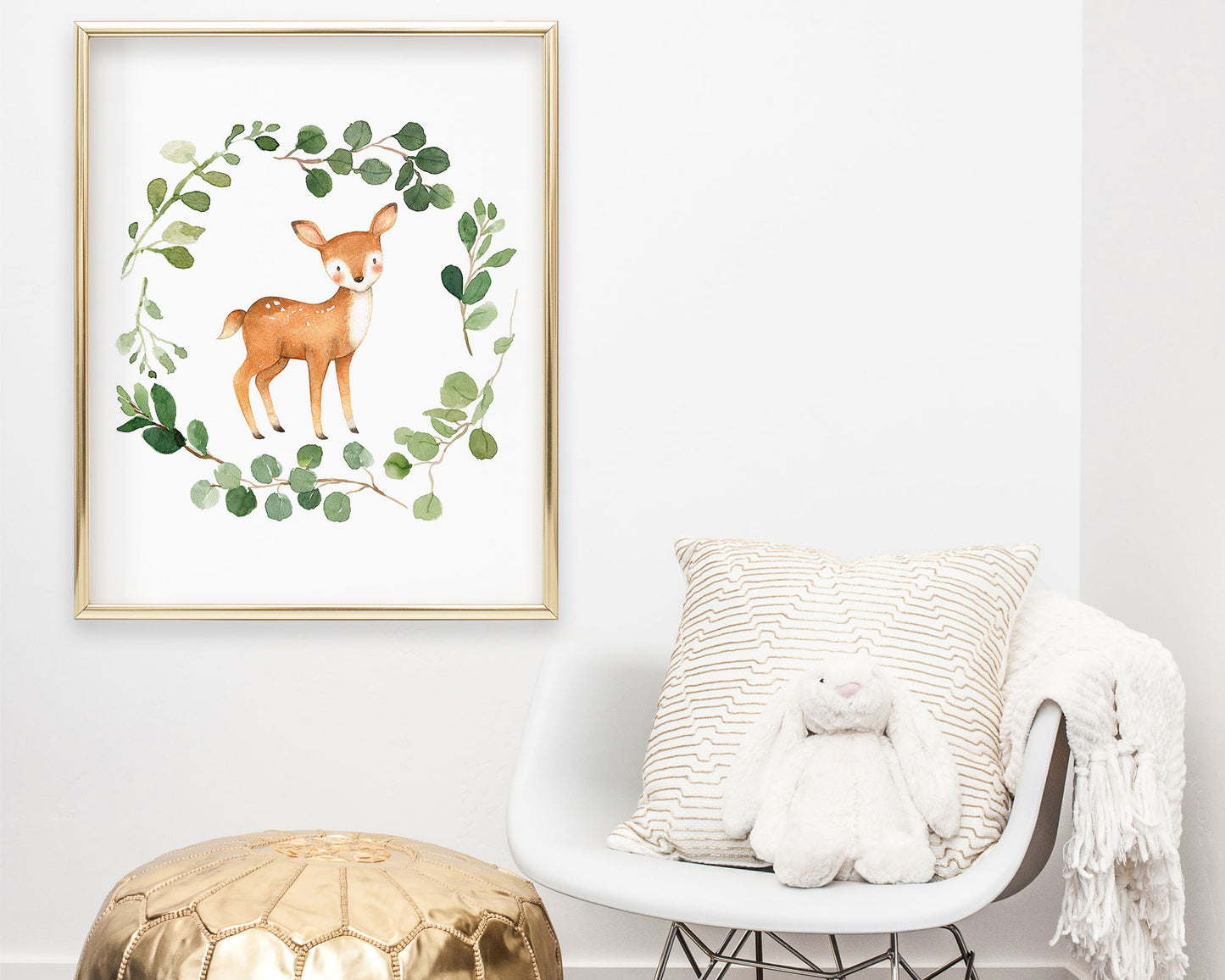 Watercolor Deer Greenery Wreath Printable Wall Art, Digital Download