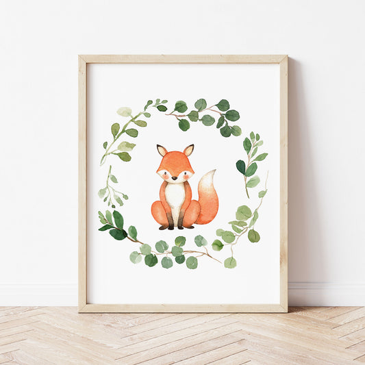 Watercolor Fox in a Greenery Eucalyptus Wreath Printable Wall Art perfect for Gender Neutral Woodland Nursery Decor or Kids Room Decor for boys or girls.