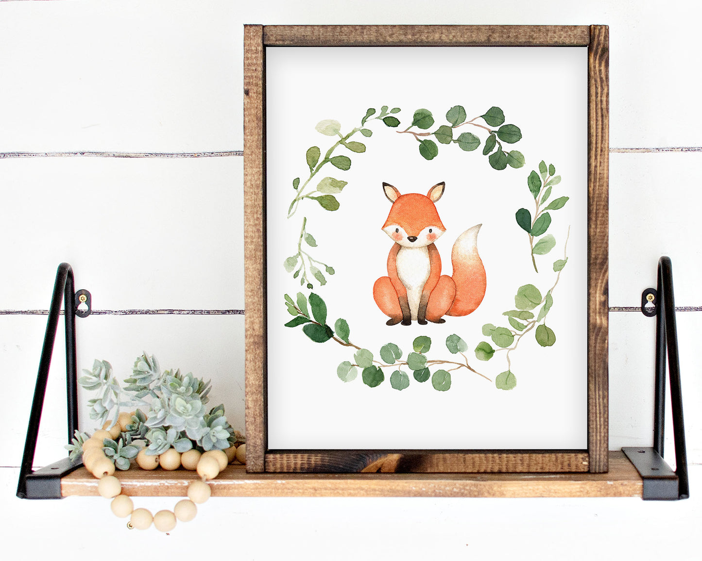 Watercolor Fox Greenery Wreath Printable Wall Art, Digital Download