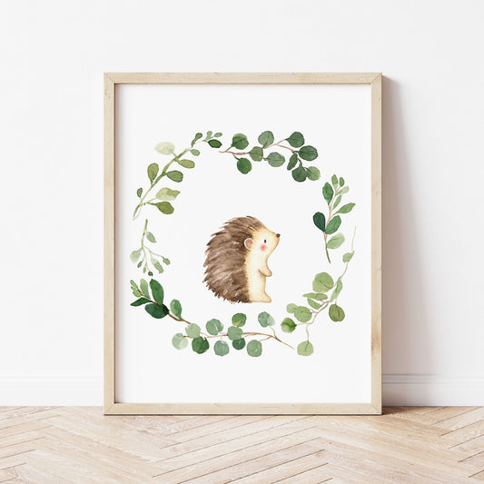 Watercolor Hedgehog in a Greenery Eucalyptus Wreath Printable Wall Art perfect for Gender Neutral Woodland Nursery Decor or Kids Room Decor for boys or girls.