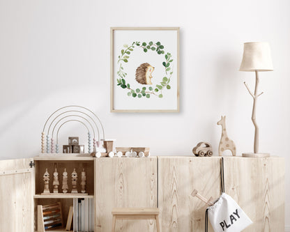 Watercolor Hedgehog Greenery Wreath Printable Wall Art, Digital Download