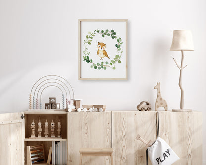 Watercolor Owl Greenery Wreath Printable Wall Art, Digital Download