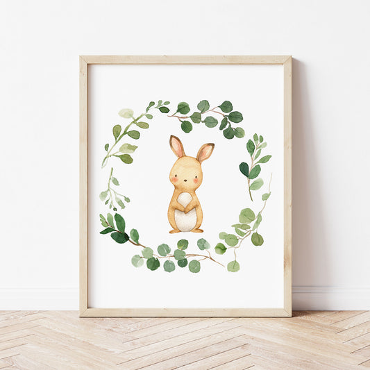 Watercolor Bunny Rabbit in a Greenery Eucalyptus Wreath Printable Wall Art perfect for Gender Neutral Woodland Nursery Decor or Kids Room Decor for boys or girls.