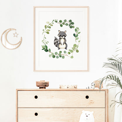 Watercolor Raccoon in a Greenery Eucalyptus Wreath Printable Wall Art perfect for Gender Neutral Woodland Nursery Decor or Kids Room Decor for boys or girls.