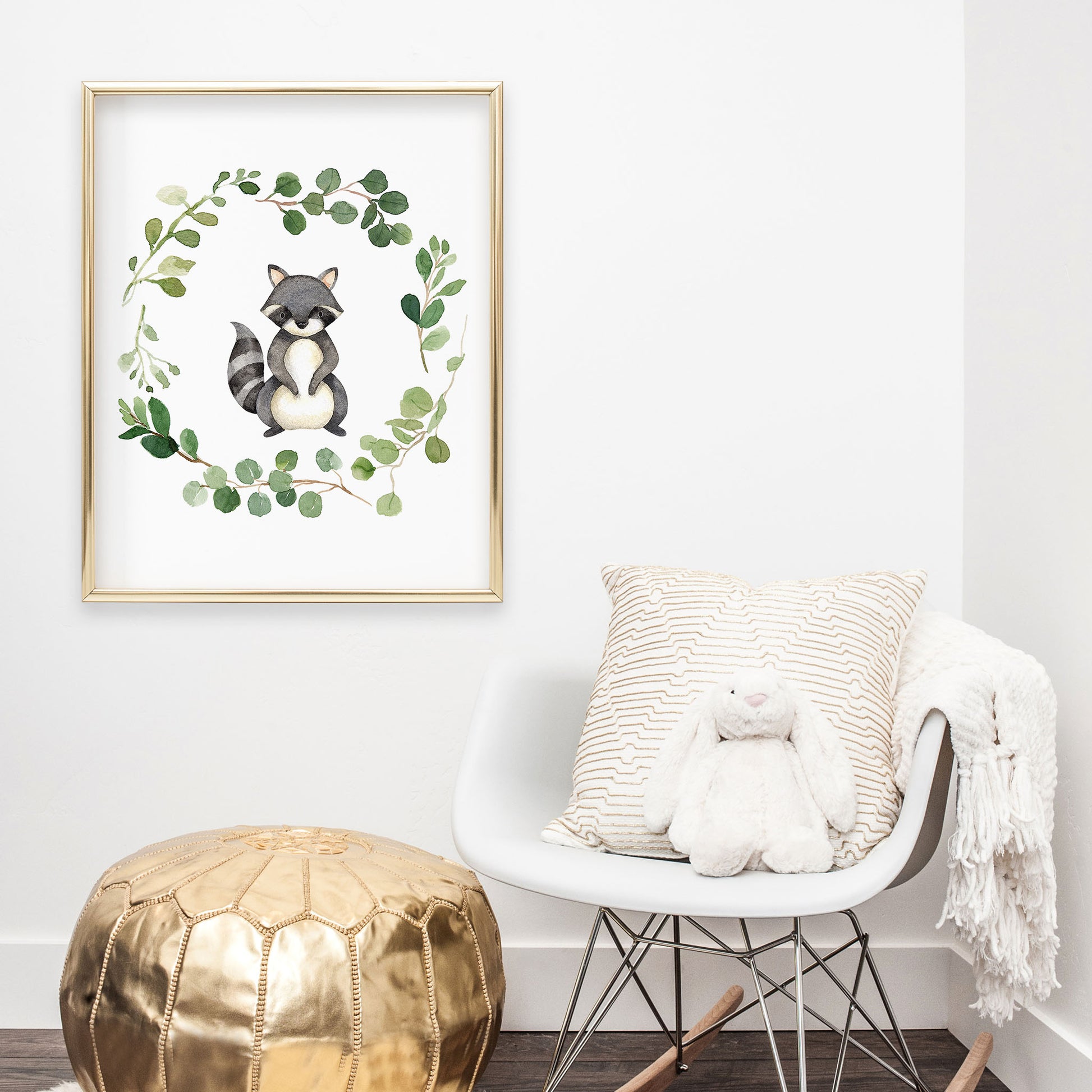 Watercolor Raccoon in a Greenery Eucalyptus Wreath Printable Wall Art perfect for Gender Neutral Woodland Nursery Decor or Kids Room Decor for boys or girls.