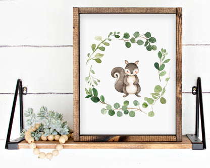 Watercolor Squirrel Greenery Wreath Printable Wall Art, Digital Download