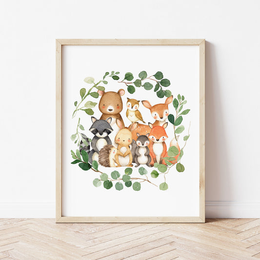 Watercolor Woodland Animals in Greenery Eucalyptus Wreath Printable Wall Art perfect for Baby Girl or Baby Boy Forest Animal Nursery Decor.