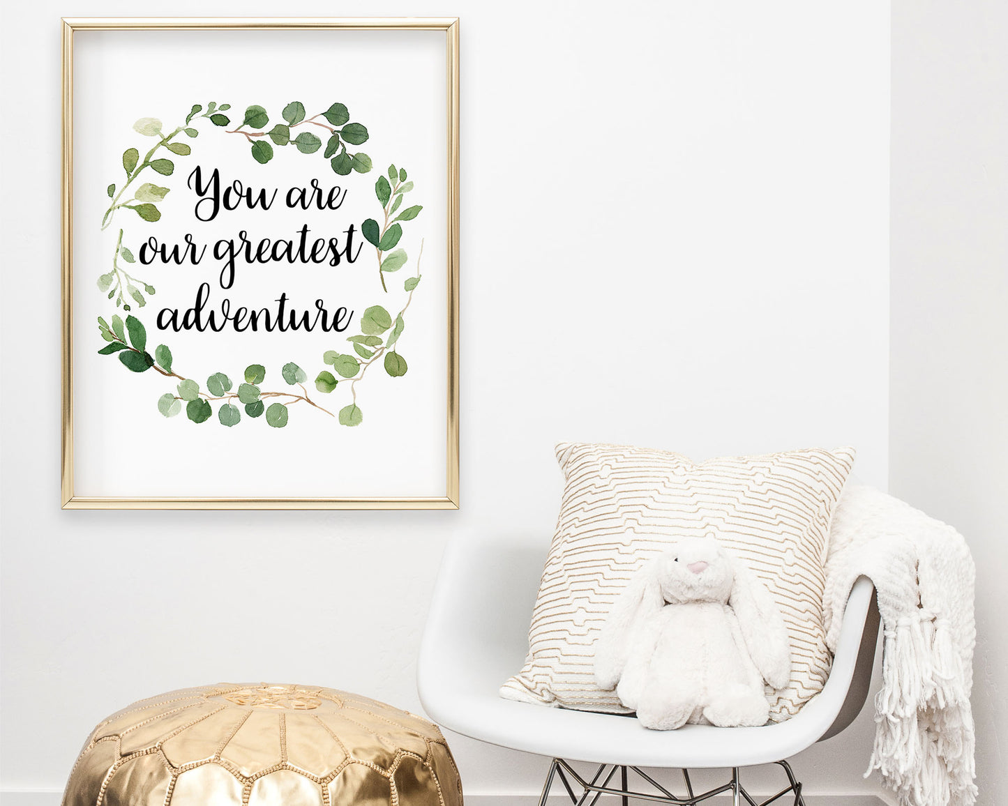 "You are our greatest adventure" quote in cursive lettering inside a Watercolor Greenery Eucalyptus Wreath Printable Wall Art. Great for Baby Boy or Baby Girl Nursery Decor or Kids Room Wall Hangings.