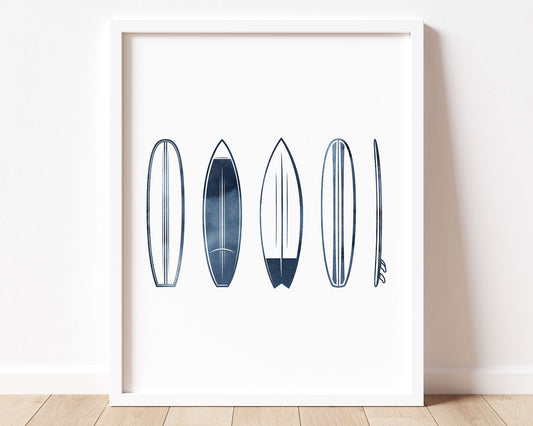 Surfboard Instant Download Digital File featuring navy blue watercolor illustrations of vertically aligned surf boards. Perfect for Baby Boy Surf Nursery Decor, Baby Girl Surf Nursery Wall Art, Kids Coastal Bedroom Decor or Children's Beach Bathroom Wall Art or Playroom Decor.