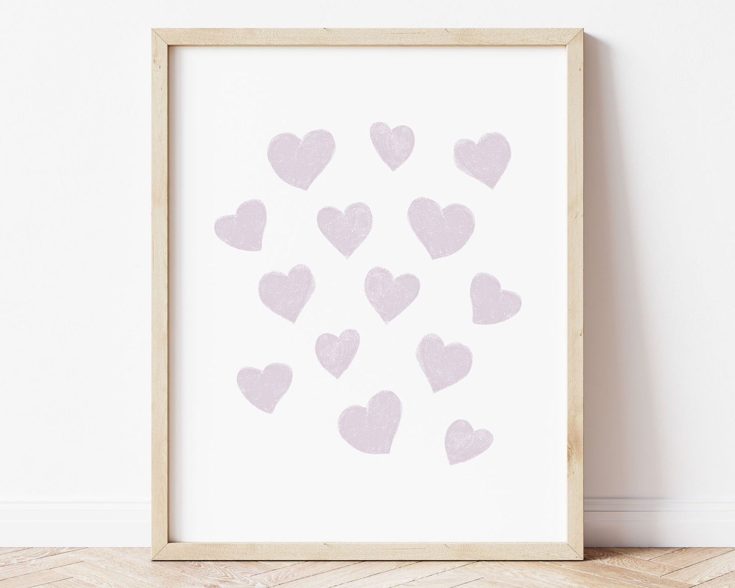 Soft pastel purple, lavender, lilac small scattered hearts in chalky brushstroke illlustration style perfect for Baby Nursery Décor, Little Boys Bedroom Wall Art, Toddler Girls Room Wall Hangings, Kiddos Bathroom Wall Art and Childrens Playroom Décor.