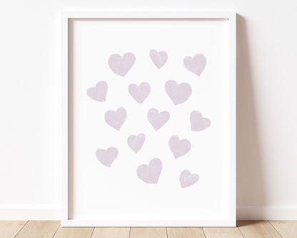 Soft pastel purple, lavender, lilac small scattered hearts in chalky brushstroke illlustration style perfect for Baby Nursery Décor, Little Boys Bedroom Wall Art, Toddler Girls Room Wall Hangings, Kiddos Bathroom Wall Art and Childrens Playroom Décor.