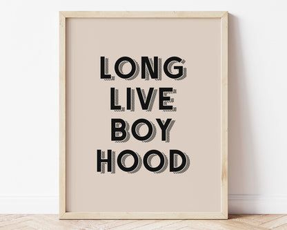 Long Live Boy Hood Printable Wall Art featuring retro block shadowed lettering in black on a neutral tan background. Perfect for Baby Boy Nursery Decor, Toddler Boy Bedroom Decor or Children's Play Room Wall Art. Prints up to 24" x 36"