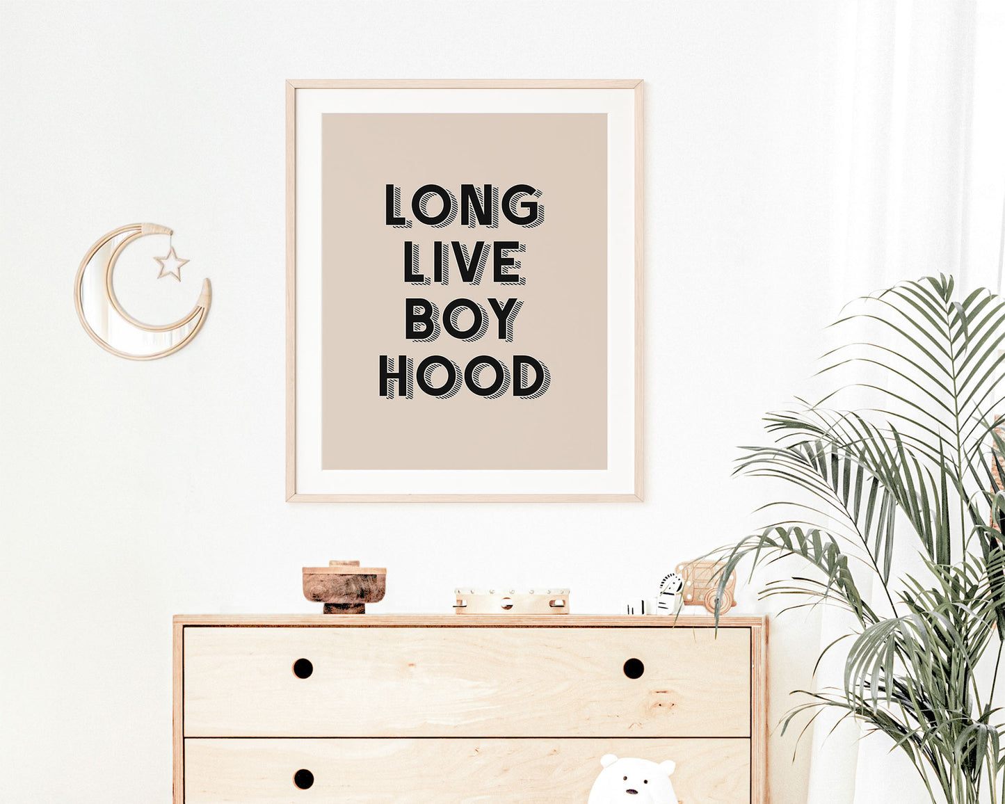 Long Live Boy Hood Printable Wall Art featuring retro block shadowed lettering in black on a neutral tan background. Perfect for Baby Boy Nursery Decor, Toddler Boy Bedroom Decor or Children's Play Room Wall Art. Prints up to 24" x 36"