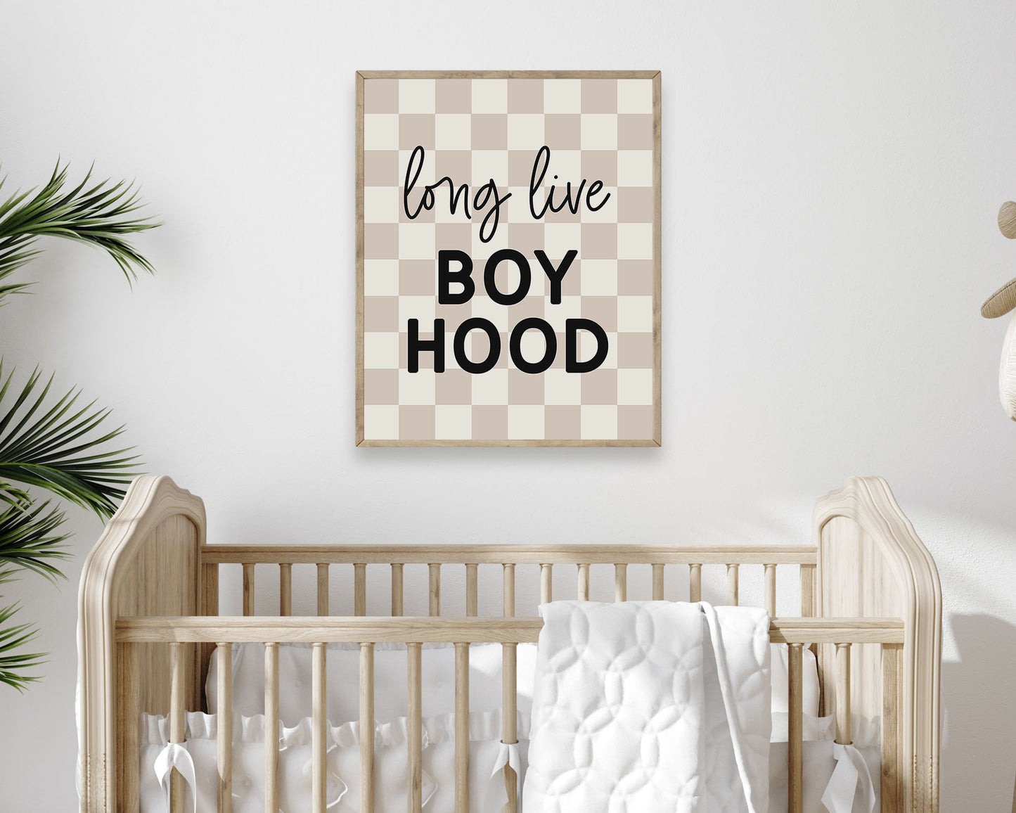 Long Live Boy Hood Printable Wall Art featuring cursive script and block lettering in black on a neutral tan and off white checkered background. Perfect for Baby Boy Nursery Decor, Toddler Boys Bedroom Decor or Children's Play Room Wall Art.