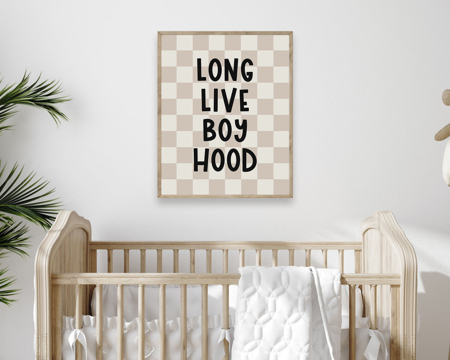 Long Live Boy Hood Digital Print featuring fun black lettering on a neutral tan and off white checkered background. Perfect for Baby Boy Nursery Decor, Toddler Boys Bedroom Decor or Children's Play Room Wall Art.