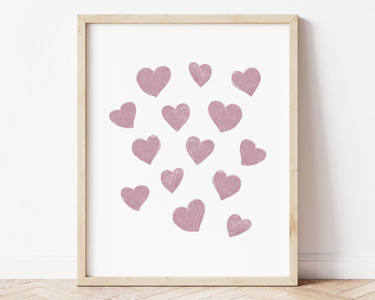 Mauve small scattered hearts in chalky brushstroke illlustration style perfect for Baby Nursery Décor, Little Boys Bedroom Wall Art, Toddler Girls Room Wall Hangings, Kiddos Bathroom Wall Art and Childrens Playroom Décor.