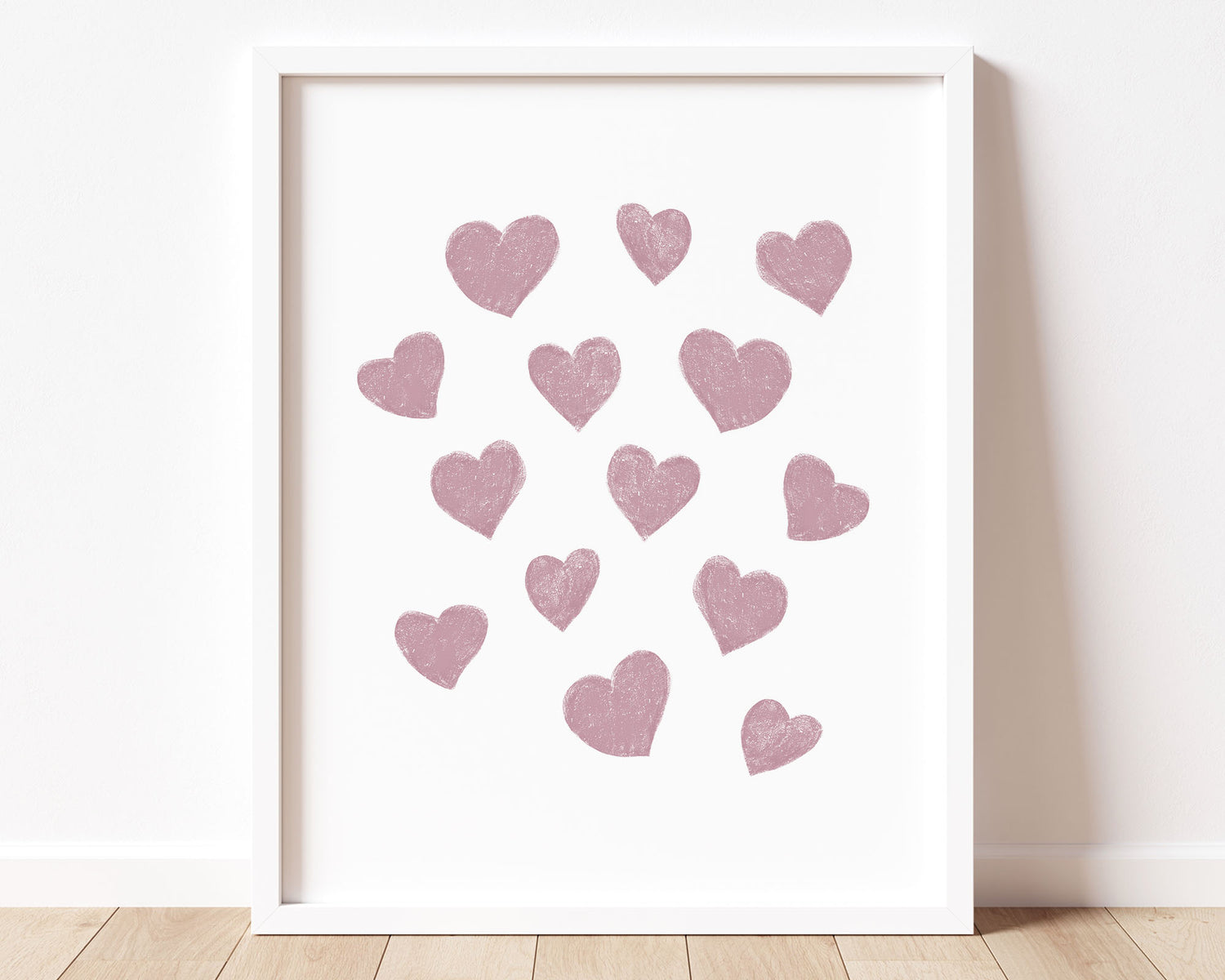 Mauve small scattered hearts in chalky brushstroke illlustration style perfect for Baby Nursery Décor, Little Boys Bedroom Wall Art, Toddler Girls Room Wall Hangings, Kiddos Bathroom Wall Art and Childrens Playroom Décor.