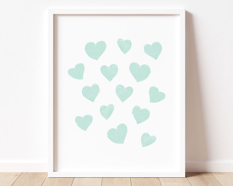 Mint green small scattered hearts in chalky brushstroke illlustration style perfect for Baby Nursery Décor, Little Boys Bedroom Wall Art, Toddler Girls Room Wall Hangings, Kiddos Bathroom Wall Art and Childrens Playroom Décor.