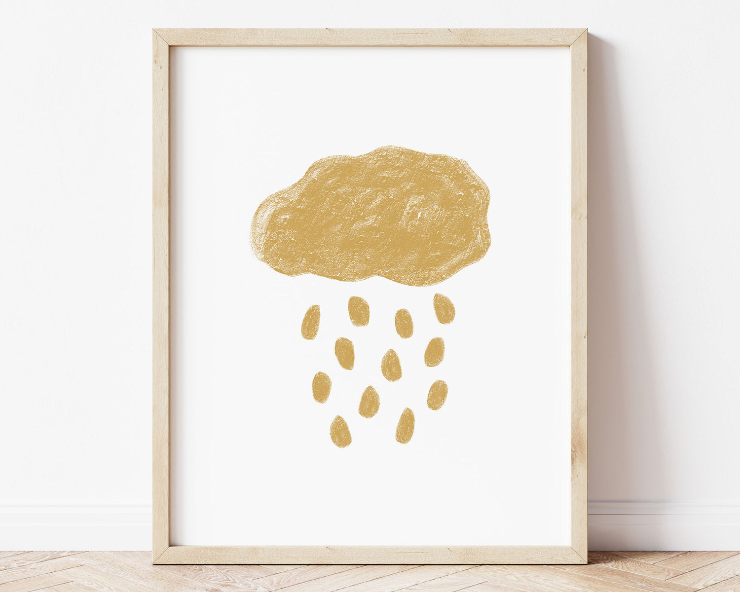 Mustard yellow abstract cloud and rain in chalky brushstroke illlustration style perfect for Baby Nursery Décor, Little Boys Bedroom Wall Art, Toddler Girls Room Wall Hangings, Kiddos Bathroom Wall Art and Childrens Playroom Décor.