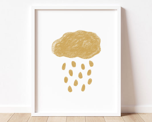 Mustard yellow abstract cloud and rain in chalky brushstroke illlustration style perfect for Baby Nursery Décor, Little Boys Bedroom Wall Art, Toddler Girls Room Wall Hangings, Kiddos Bathroom Wall Art and Childrens Playroom Décor.