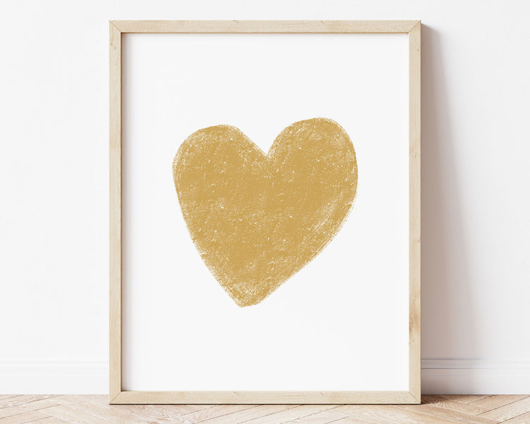 Mustard yellow heart in chalky brushstroke illlustration style perfect for Baby Nursery Décor, Little Boys Bedroom Wall Art, Toddler Girls Room Wall Hangings, Kiddos Bathroom Wall Art and Childrens Playroom Décor.