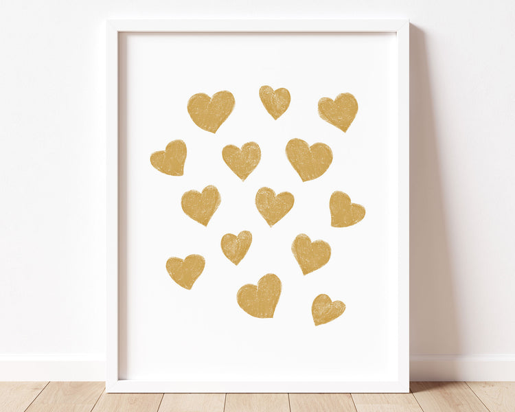 Mustard yellow small scattered hearts in chalky brushstroke illlustration style perfect for Baby Nursery Décor, Little Boys Bedroom Wall Art, Toddler Girls Room Wall Hangings, Kiddos Bathroom Wall Art and Childrens Playroom Décor.