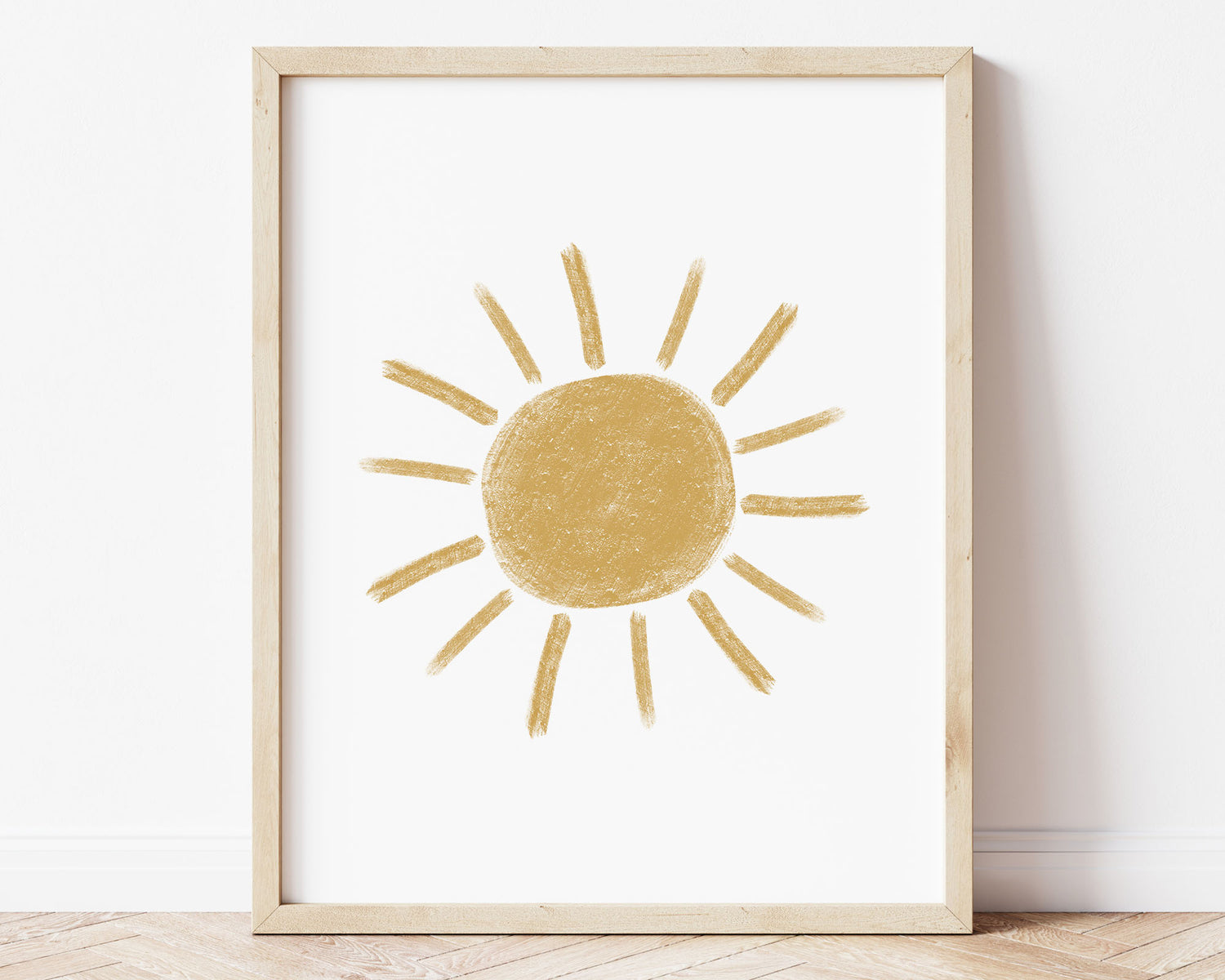 Mustard yellow abstract sun in chalky brushstroke illlustration style perfect for Baby Nursery Décor, Little Boys Bedroom Wall Art, Toddler Girls Room Wall Hangings, Kiddos Bathroom Wall Art and Childrens Playroom Décor.