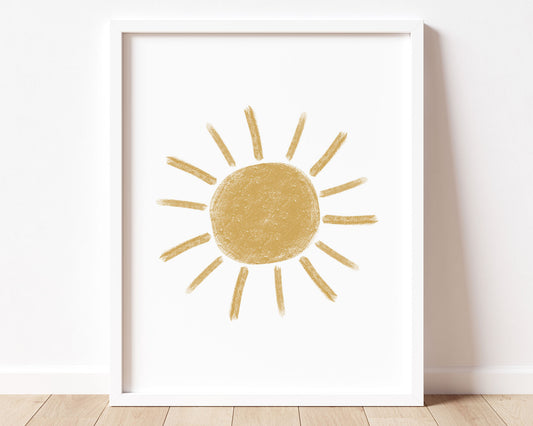 Mustard yellow abstract sun in chalky brushstroke illlustration style perfect for Baby Nursery Décor, Little Boys Bedroom Wall Art, Toddler Girls Room Wall Hangings, Kiddos Bathroom Wall Art and Childrens Playroom Décor.