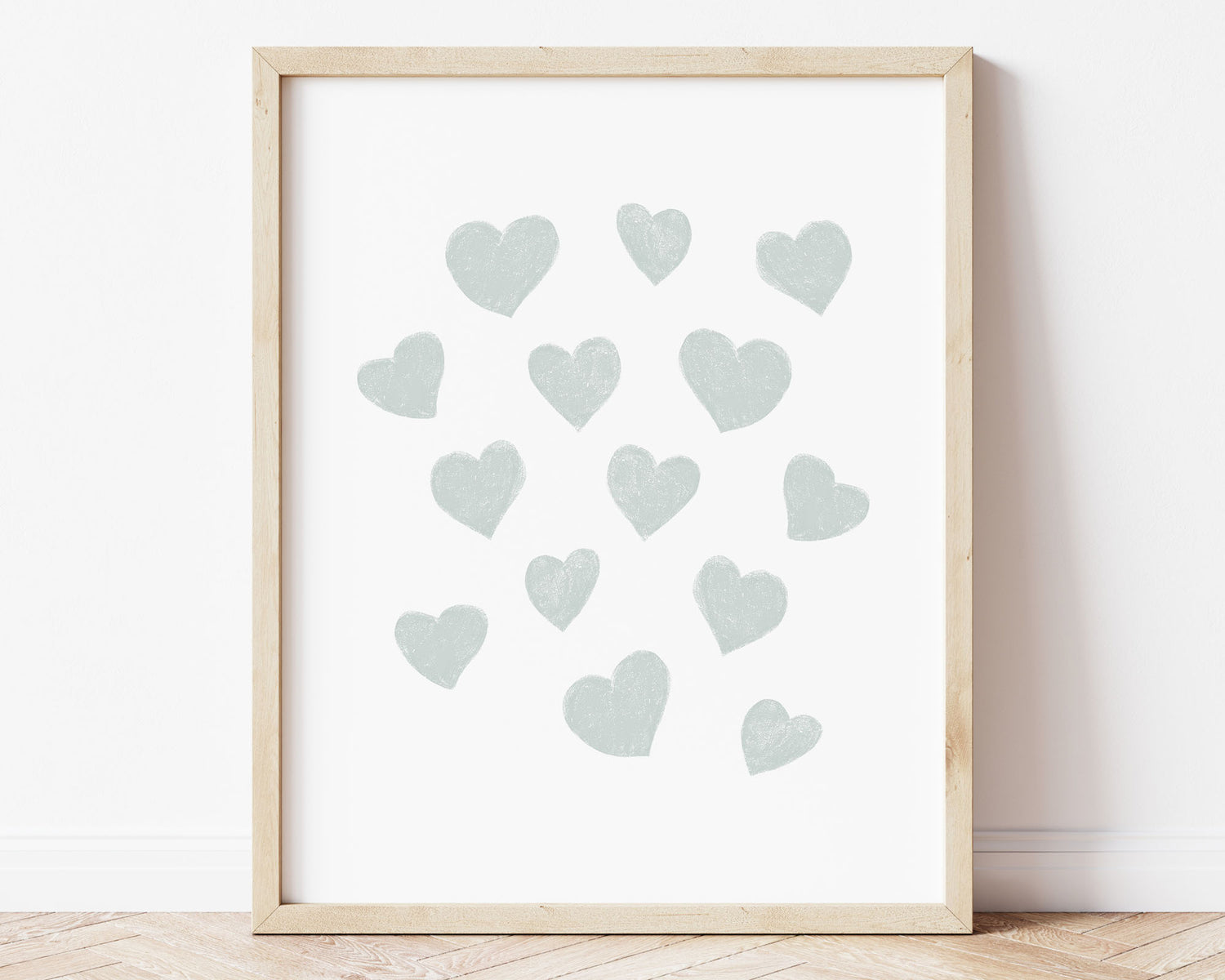 Muted pastel blue small scattered hearts in chalky brushstroke illlustration style perfect for Baby Nursery Décor, Little Boys Bedroom Wall Art, Toddler Girls Room Wall Hangings, Kiddos Bathroom Wall Art and Childrens Playroom Décor.