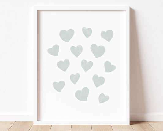 Muted pastel blue small scattered hearts in chalky brushstroke illlustration style perfect for Baby Nursery Décor, Little Boys Bedroom Wall Art, Toddler Girls Room Wall Hangings, Kiddos Bathroom Wall Art and Childrens Playroom Décor.
