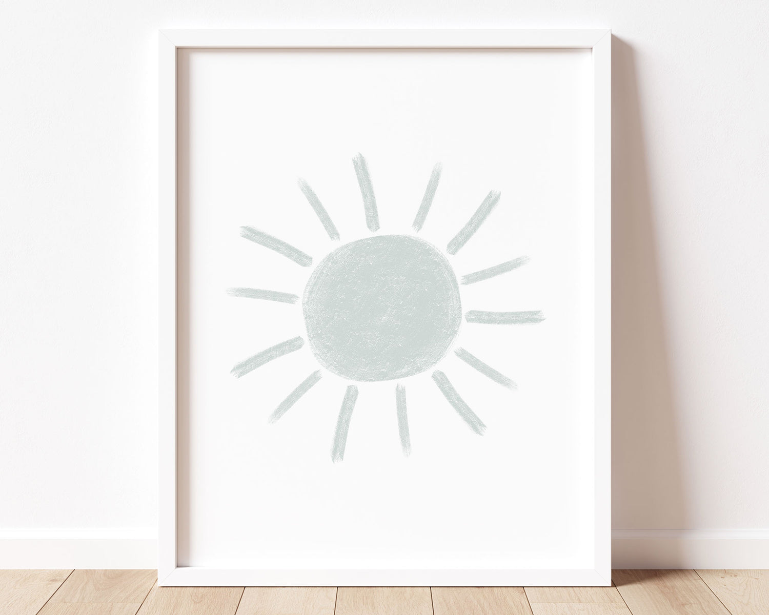 Muted pastel blue abstract sun in chalky brushstroke illlustration style perfect for Baby Nursery Décor, Little Boys Bedroom Wall Art, Toddler Girls Room Wall Hangings, Kiddos Bathroom Wall Art and Childrens Playroom Décor.