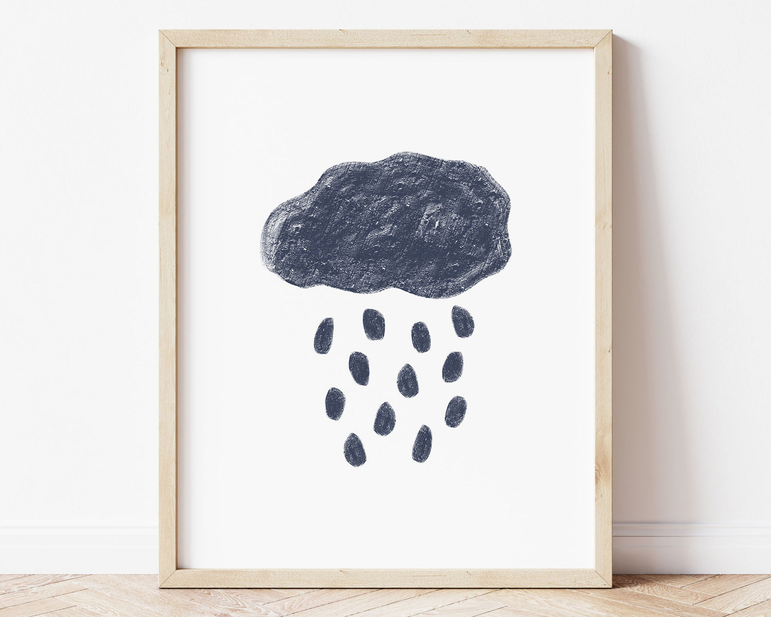 Navy blue abstract cloud and rain in chalky brushstroke illlustration style perfect for Baby Nursery Décor, Little Boys Bedroom Wall Art, Toddler Girls Room Wall Hangings, Kiddos Bathroom Wall Art and Childrens Playroom Décor.