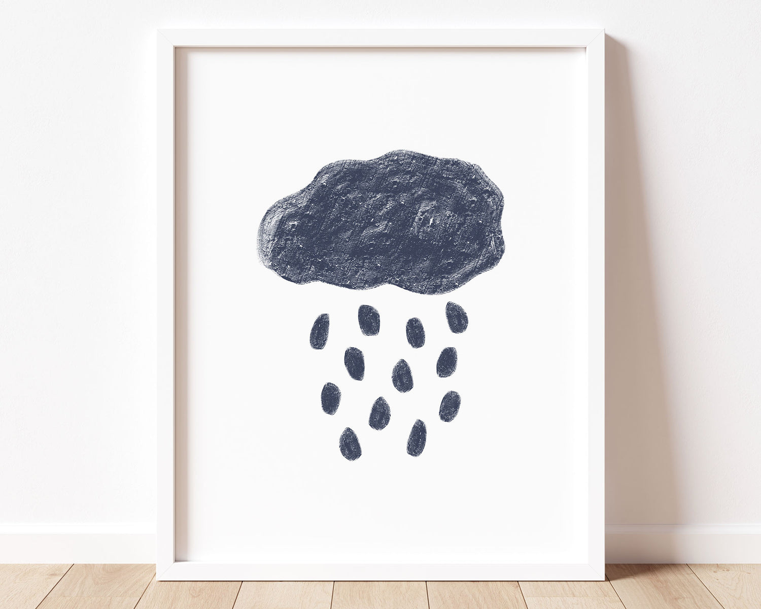 Navy blue abstract cloud and rain in chalky brushstroke illlustration style perfect for Baby Nursery Décor, Little Boys Bedroom Wall Art, Toddler Girls Room Wall Hangings, Kiddos Bathroom Wall Art and Childrens Playroom Décor.