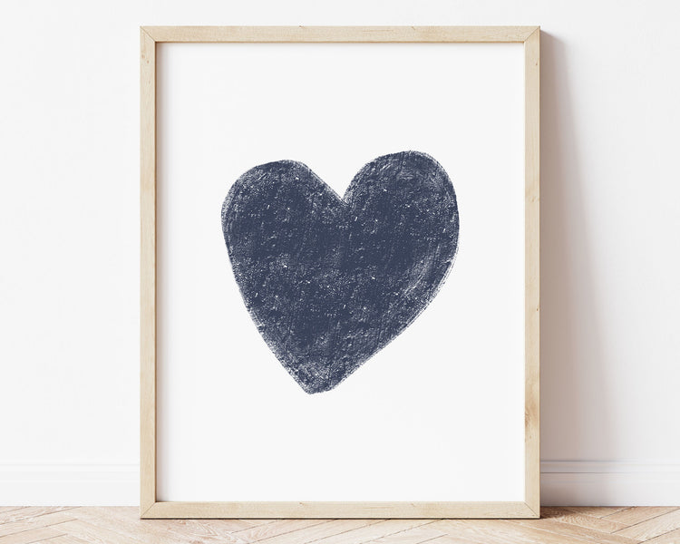 Navy blue heart in chalky brushstroke illlustration style perfect for Baby Nursery Décor, Little Boys Bedroom Wall Art, Toddler Girls Room Wall Hangings, Kiddos Bathroom Wall Art and Childrens Playroom Décor.
