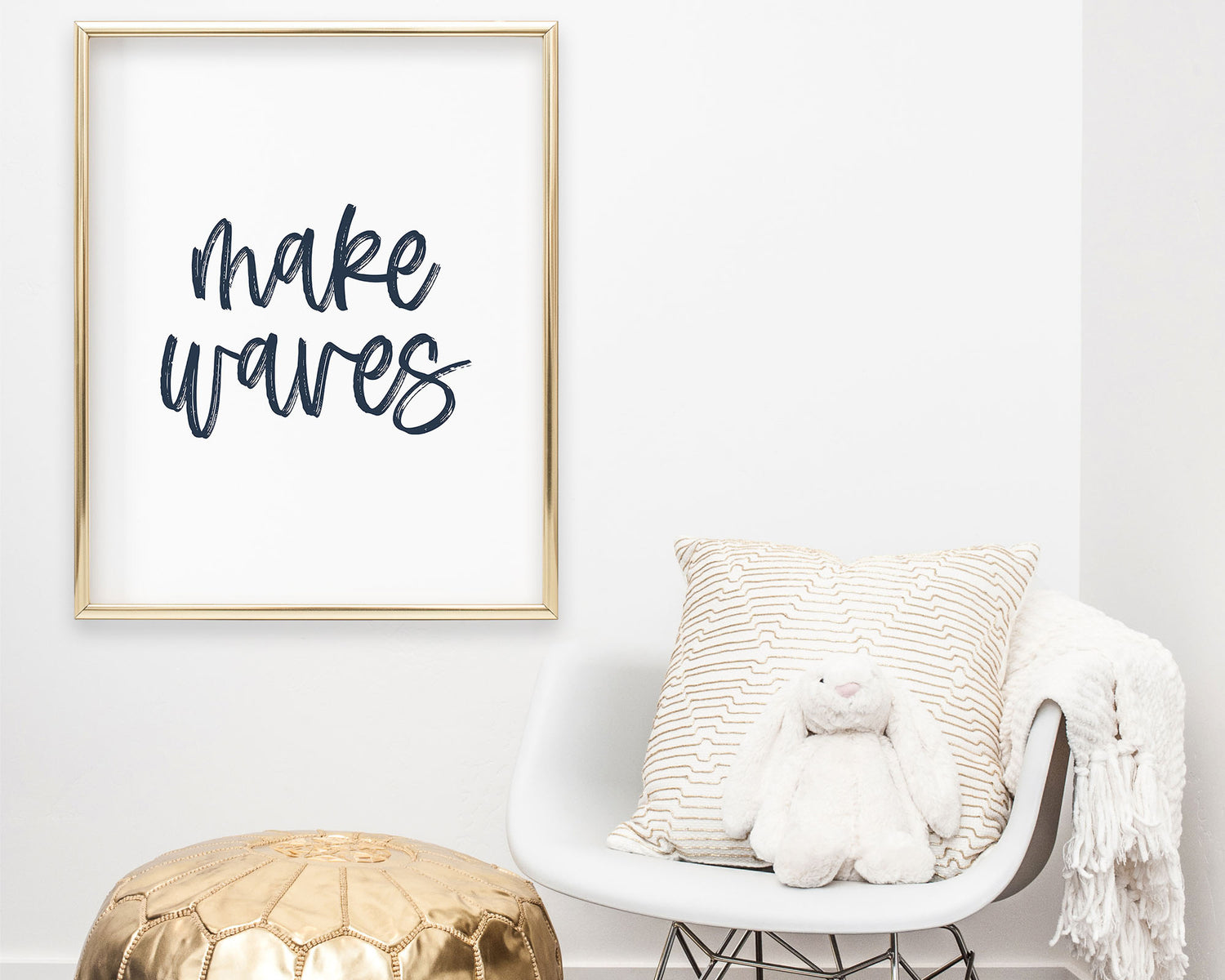 Navy Blue Make Waves Printable Wall Art featuring a textured brush style cursive lettered quote perfect for Baby Boy Nautical Nursery Decor, Baby Girl Surf Nursery Wall Art, Nautical Kids Bedroom Decor or Children's Coastal Bathroom Wall Art.
