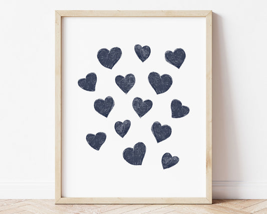 Navy blue small scattered hearts in chalky brushstroke illlustration style perfect for Baby Nursery Décor, Little Boys Bedroom Wall Art, Toddler Girls Room Wall Hangings, Kiddos Bathroom Wall Art and Childrens Playroom Décor.