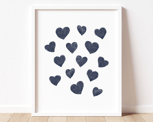 Navy blue small scattered hearts in chalky brushstroke illlustration style perfect for Baby Nursery Décor, Little Boys Bedroom Wall Art, Toddler Girls Room Wall Hangings, Kiddos Bathroom Wall Art and Childrens Playroom Décor.