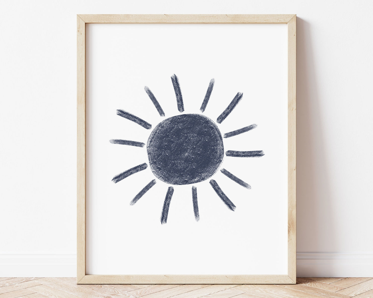 Navy blue abstract sun in chalky brushstroke illlustration style perfect for Baby Nursery Décor, Little Boys Bedroom Wall Art, Toddler Girls Room Wall Hangings, Kiddos Bathroom Wall Art and Childrens Playroom Décor.
