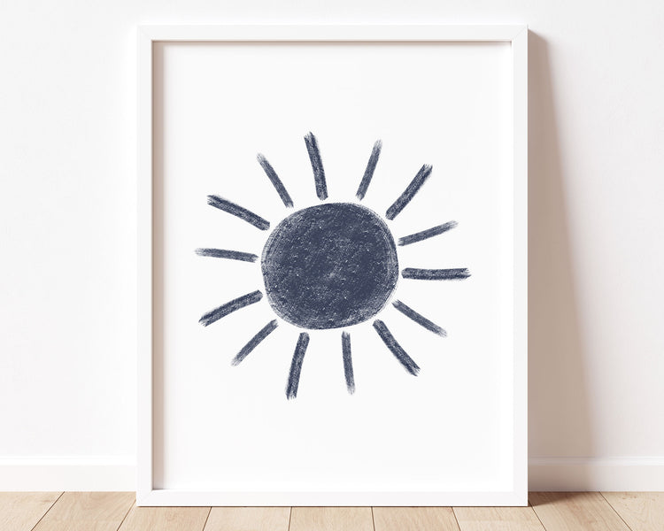 Navy blue abstract sun in chalky brushstroke illlustration style perfect for Baby Nursery Décor, Little Boys Bedroom Wall Art, Toddler Girls Room Wall Hangings, Kiddos Bathroom Wall Art and Childrens Playroom Décor.