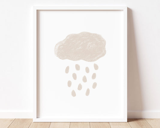 Neutral tan abstract cloud and rain in chalky brushstroke illlustration style perfect for Baby Nursery Décor, Little Boys Bedroom Wall Art, Toddler Girls Room Wall Hangings, Kiddos Bathroom Wall Art and Childrens Playroom Décor.