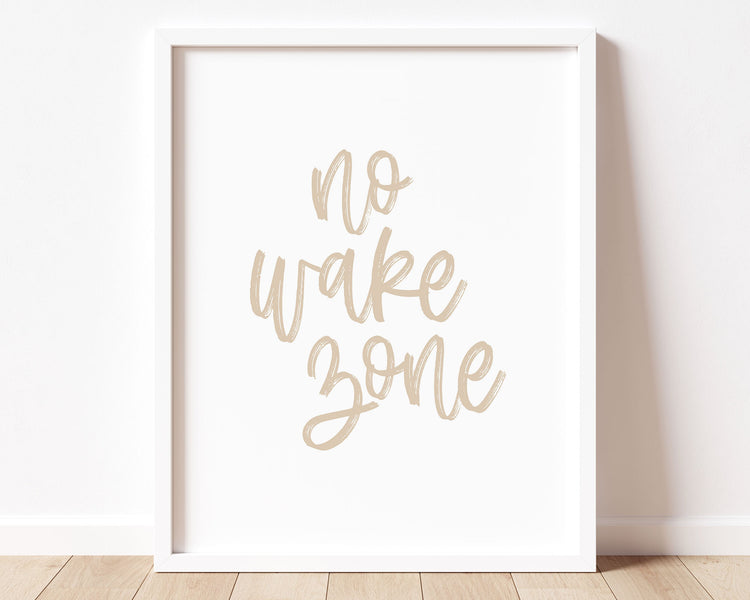 Neutral Tan No Wake Zone Printable Wall Art featuring a textured brush style cursive lettered quote perfect for Baby Girl Nautical Nursery Decor, Baby Boy Surf Nursery Wall Art, Nautical Kids Bedroom Decor or Children's Coastal Wall Art.