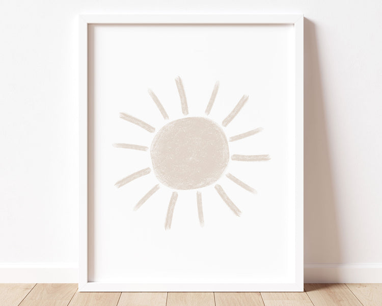 Neutral tan abstract sun in chalky brushstroke illlustration style perfect for Baby Nursery Décor, Little Boys Bedroom Wall Art, Toddler Girls Room Wall Hangings, Kiddos Bathroom Wall Art and Childrens Playroom Décor.
