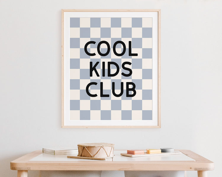 Cool Kids Club Instant Download Digital File featuring block lettering in black on a muted pastel blue and off white checkered background. Perfect for Baby Boy Nursery Decor, Toddler Boys Bedroom Decor or Little Kids Playroom Wall Art.